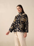 Navy Blue Suzani Velvet Jacket Gold Embroidered Boho Floral Statement Coat