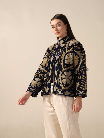 Navy Blue Suzani Velvet Jacket Gold Embroidered Boho Floral Statement Coat