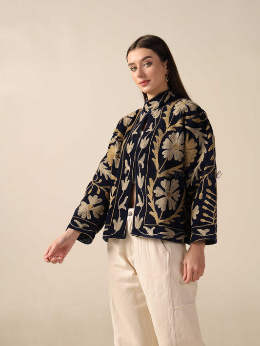 Navy Blue Suzani Velvet Jacket Gold Embroidered Boho Floral Statement Coat