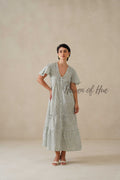 Sage Green Floral Block Print Cotton Midi Dress - Boho Summer Tiered