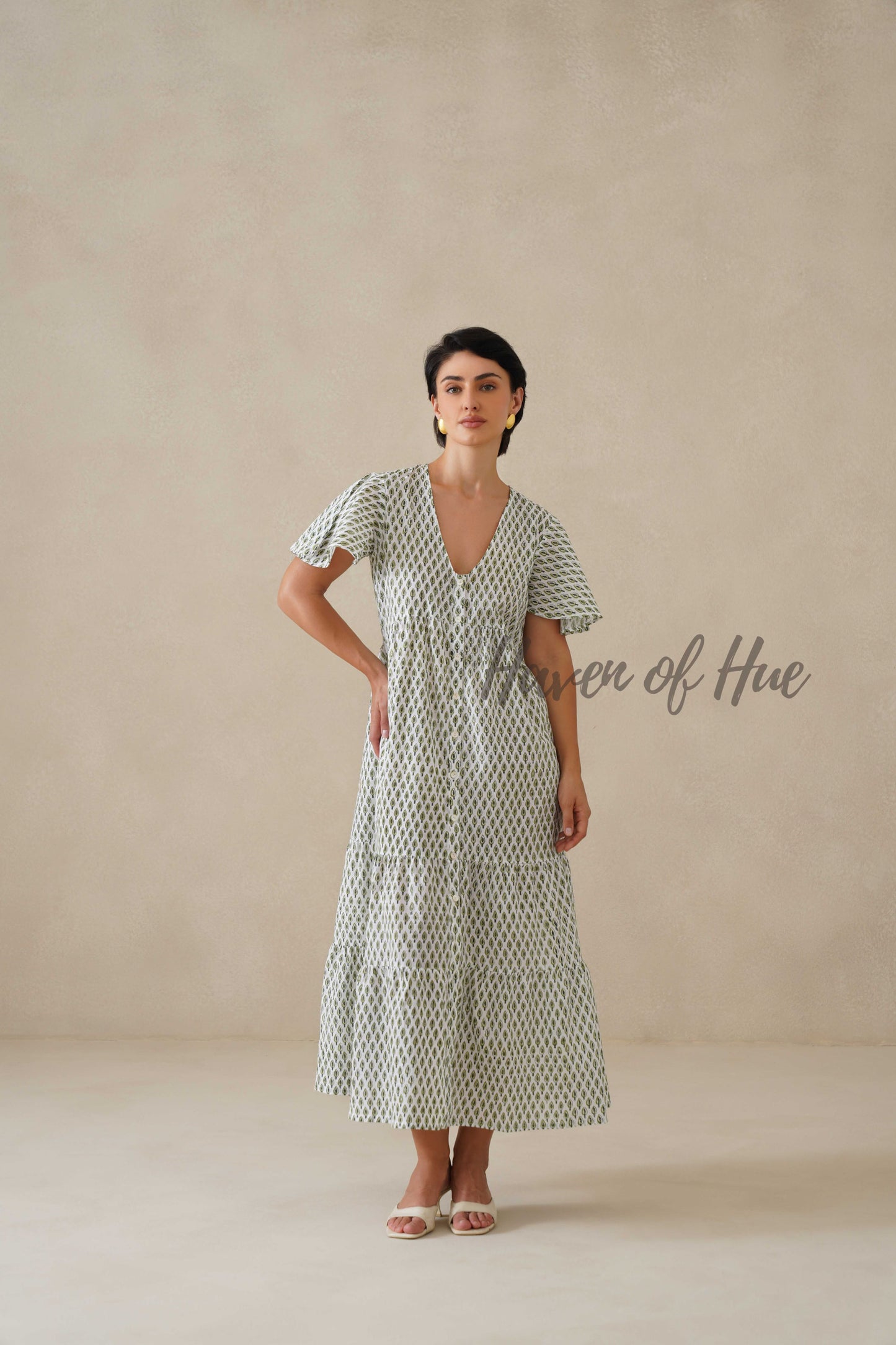 Sage Green Floral Block Print Cotton Midi Dress - Boho Summer Tiered