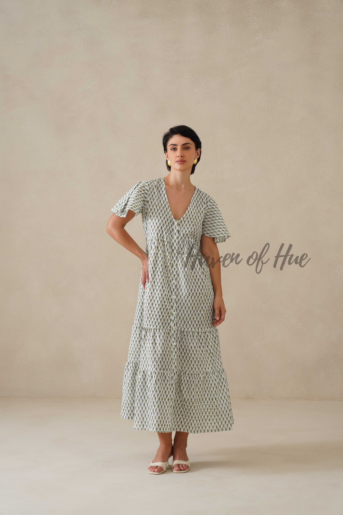 Sage Green Floral Block Print Cotton Midi Dress - Boho Summer Tiered