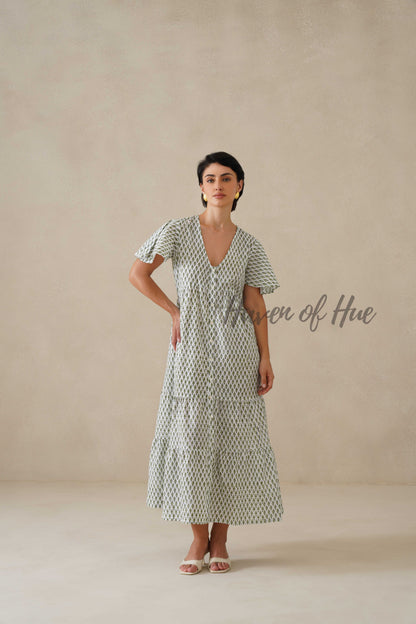 Sage Green Floral Block Print Cotton Midi Dress - Boho Summer Tiered