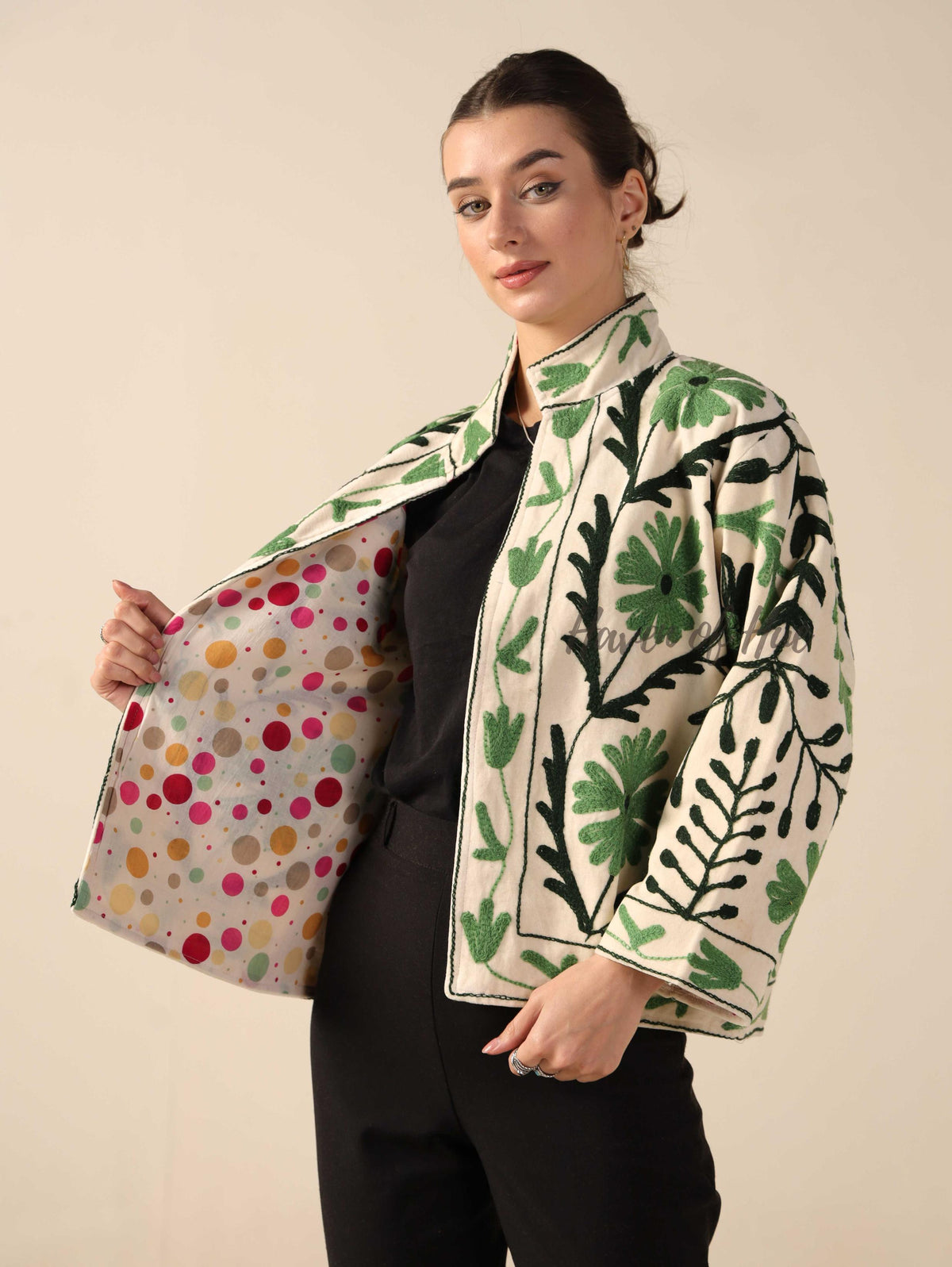 Women's White Suzani Velvet Jacket Green Floral Embroidered Boho Coat