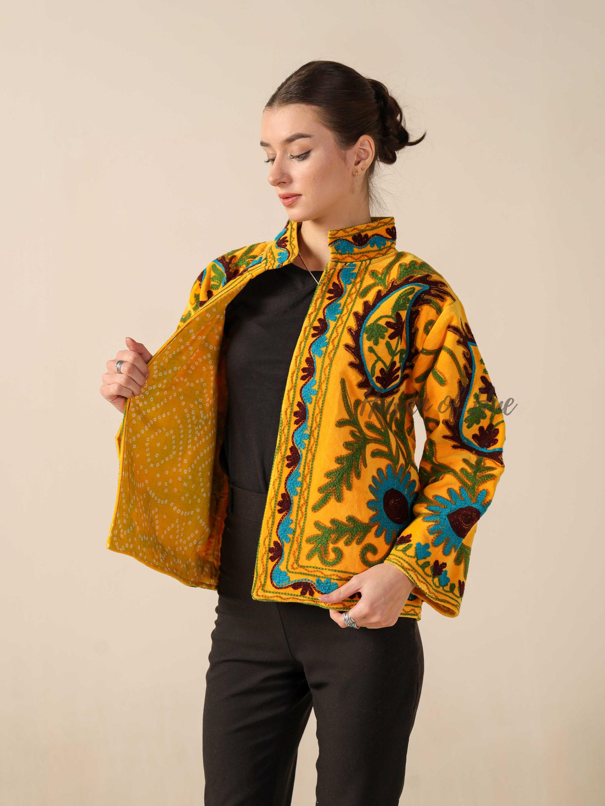 Women's Yellow Suzani Velvet Jacket Teal Floral Embroidered Boho Coat