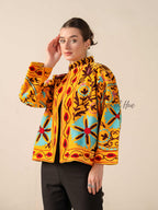 Women's Yellow Suzani Velvet Jacket Teal and Red Embroidered Boho Coat