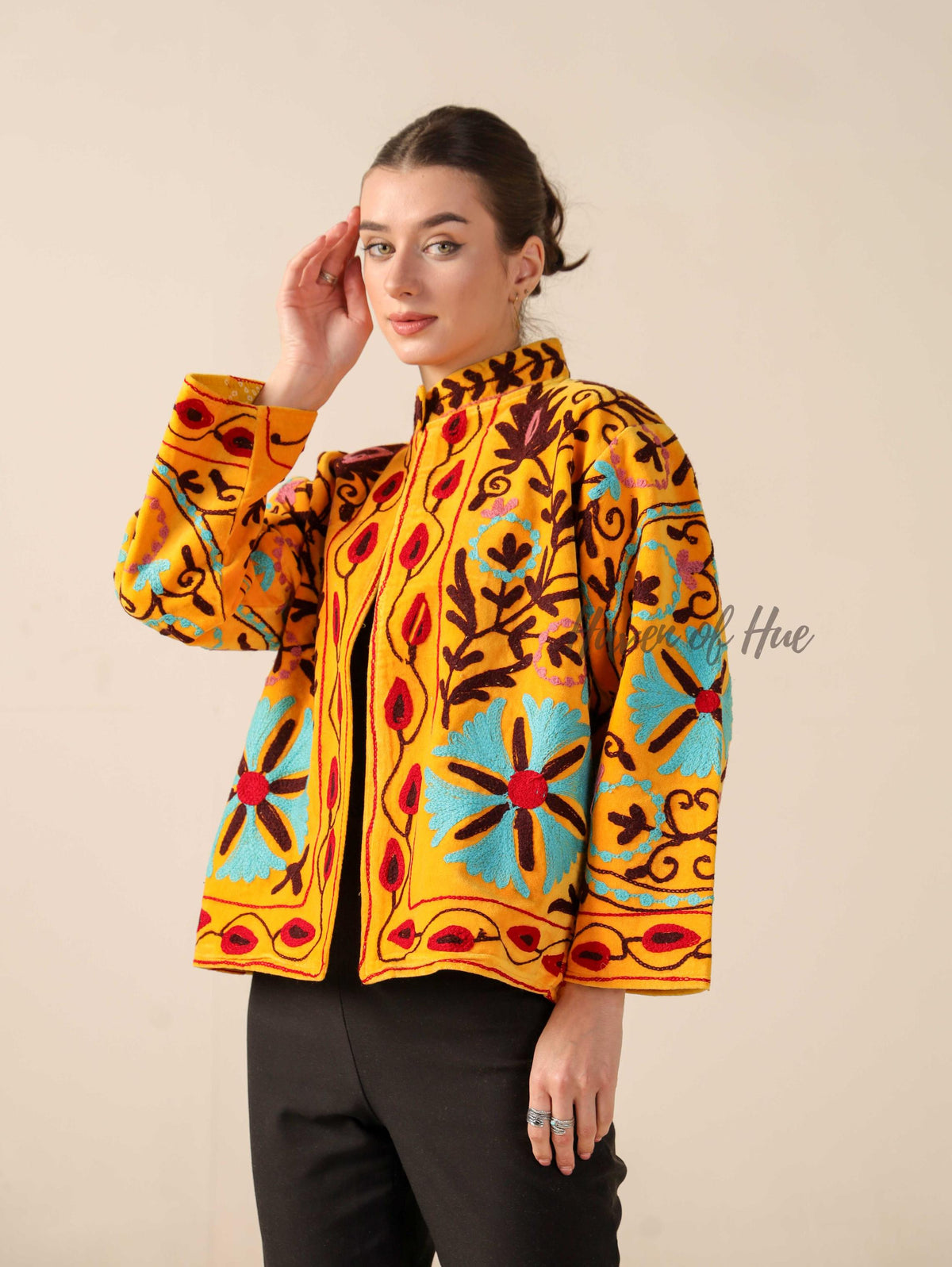 Women's Yellow Suzani Velvet Jacket Teal and Red Embroidered Boho Coat