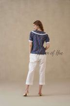 Women’s Blue Floral Cotton Block Printed Top with Lace Peter Pan Collar