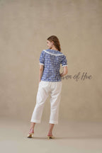 Women's Blue Floral Cotton Block Print Top with Lace Peter Pan Collar