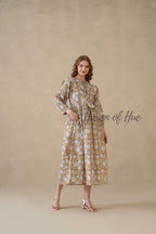 Brown Cotton Tiered Dress – Boho Floral Short Sleeve Midi