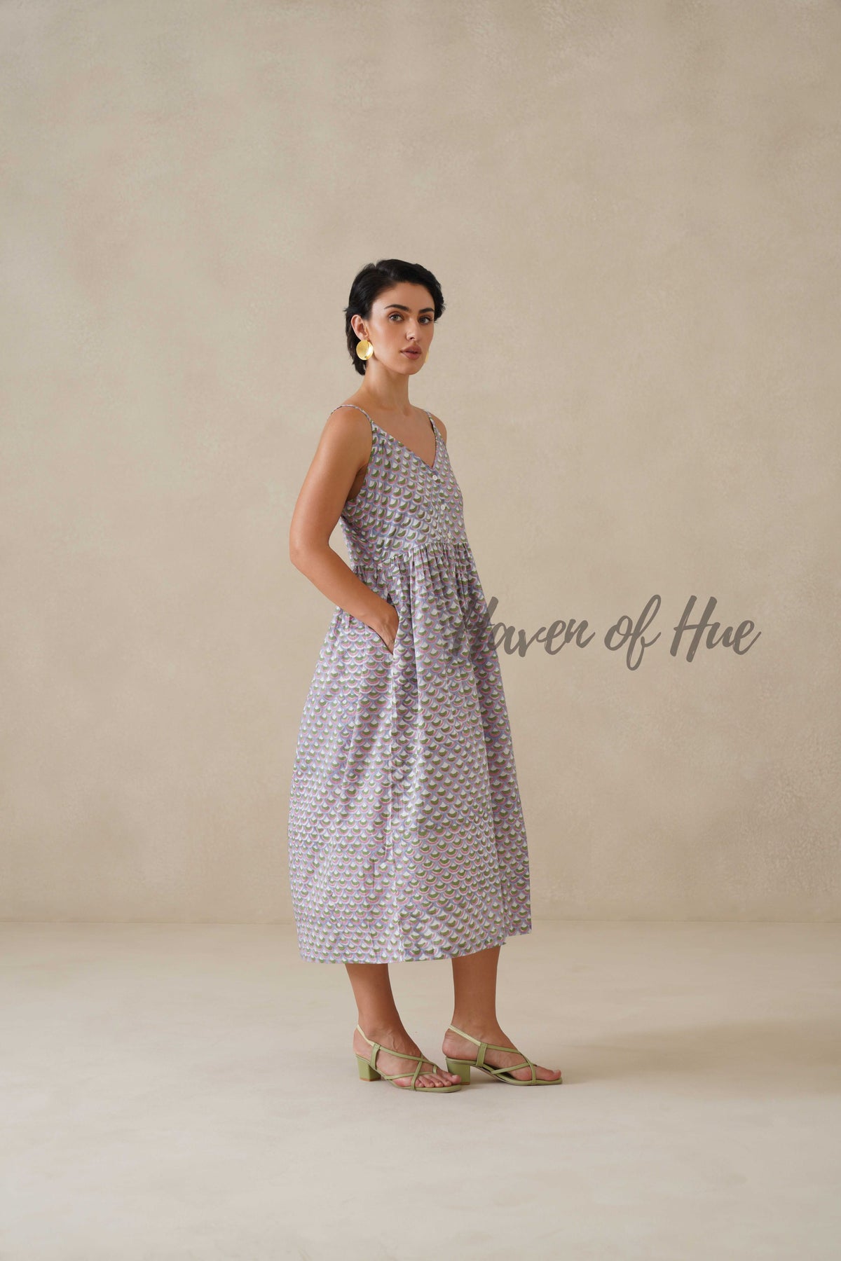 Cotton Midi Dress Summer Boho Lavender Floral Button-Front V-Neck Sun Dress for Women