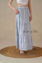 Women’s Blue Diamond Print Cotton Boho Tiered Maxi Skirt for Summer