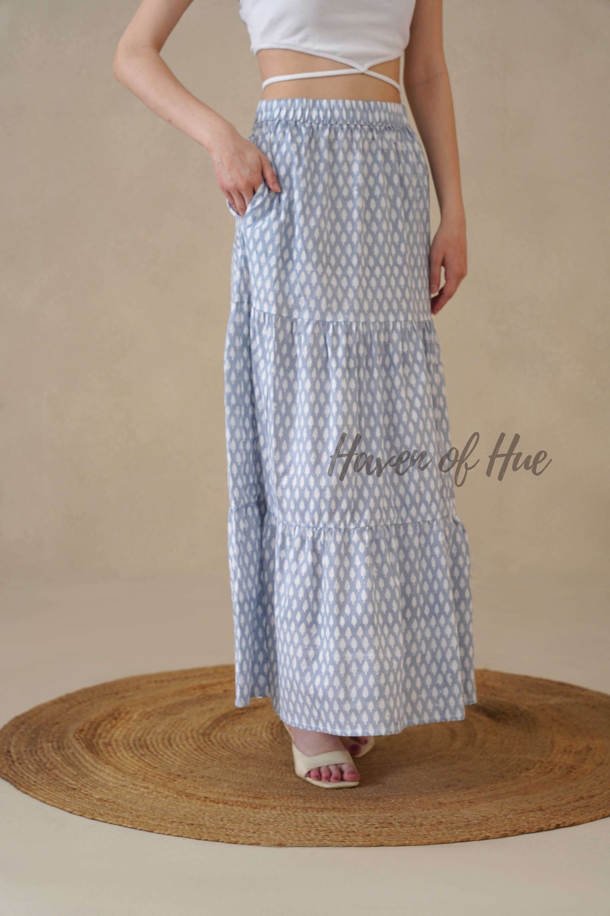 Women’s Blue Diamond Print Cotton Boho Tiered Maxi Skirt for Summer
