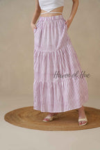 Women's Pink and White Striped Cotton Boho Tiered Maxi Skirt for Summer