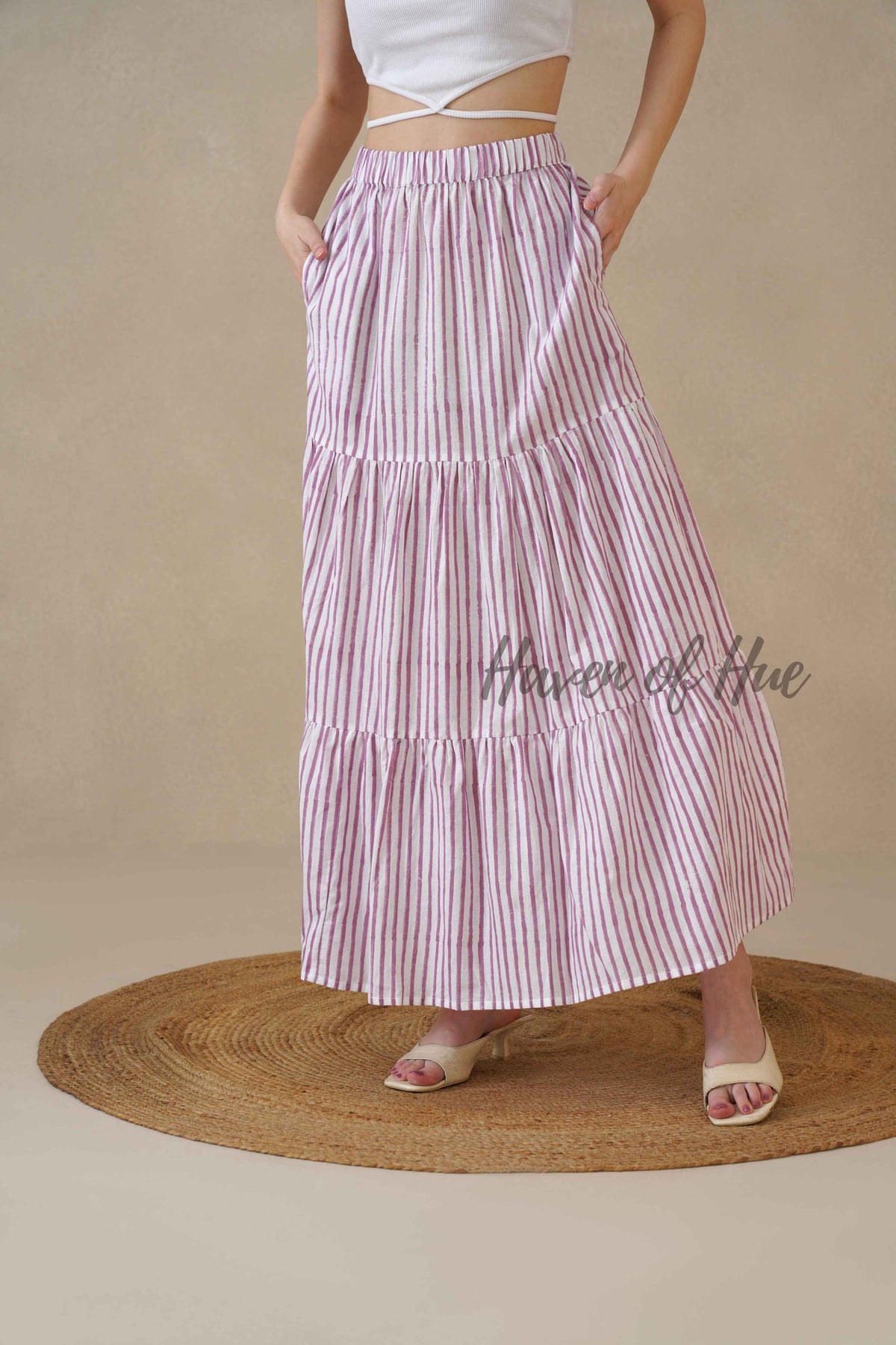 Women's Pink and White Striped Cotton Boho Tiered Maxi Skirt for Summer