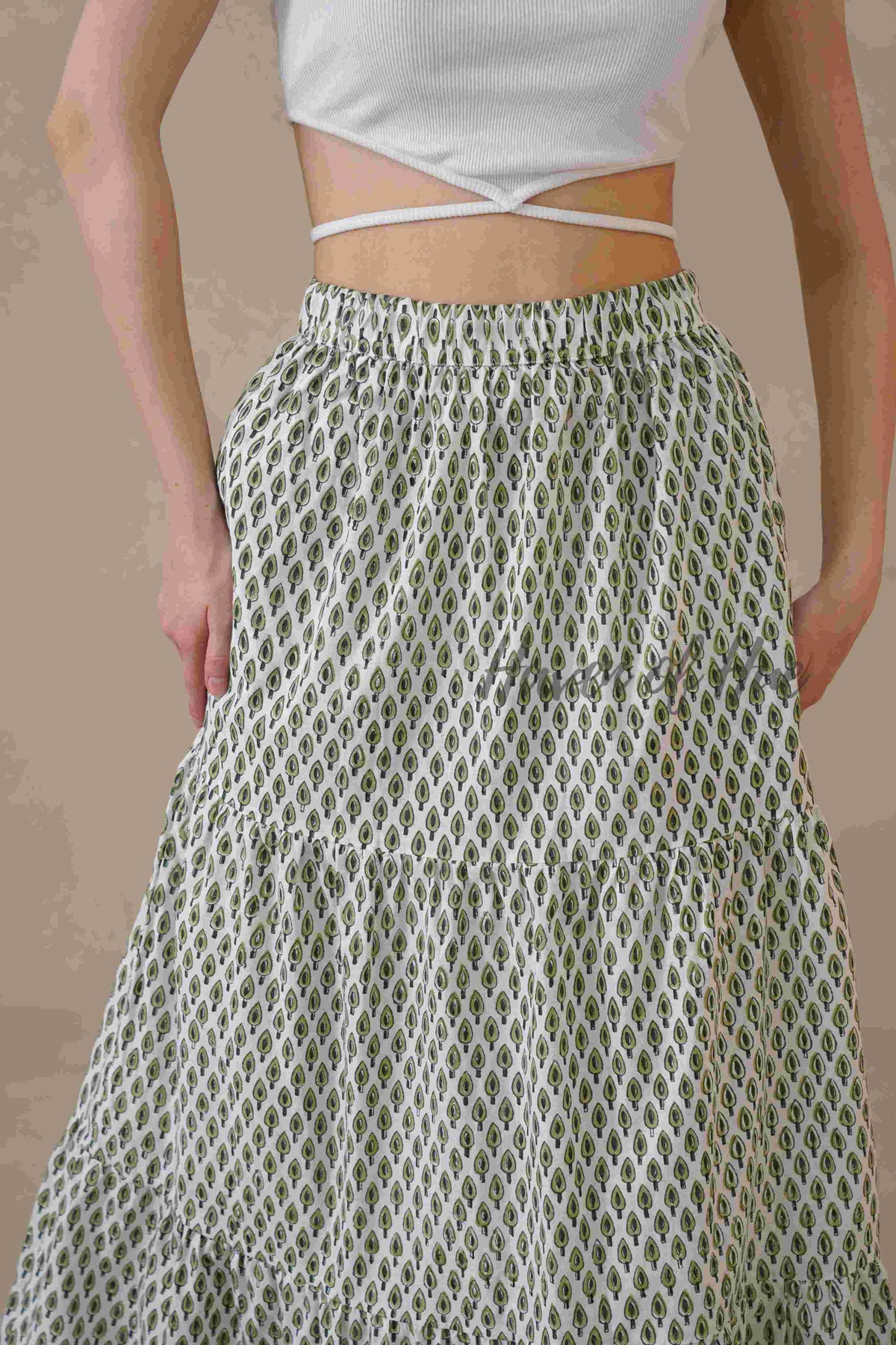 Women’s Sage Green Floral Print Cotton Boho Tiered Maxi Skirt