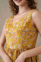 Yellow Floral Midi Dress Hand Block Print Cotton