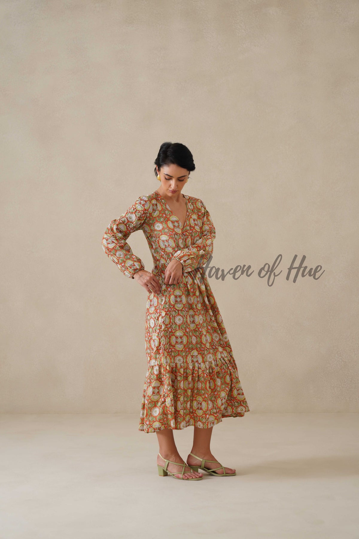 Cotton Midi Dress Summer Boho Floral Print, Rust Orange Block Print Sundress