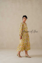 Cotton Midi Dress Summer Boho Floral Print, Yellow Block Print Sundress