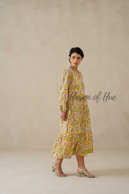 Cotton Midi Dress Summer Boho Floral Print, Yellow Block Print Sundress