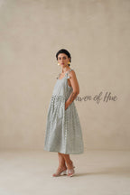 Cotton Midi Dress Summer Boho Print Sleeveless A-Line Casual Sun Dress for Women - Sage Green & White