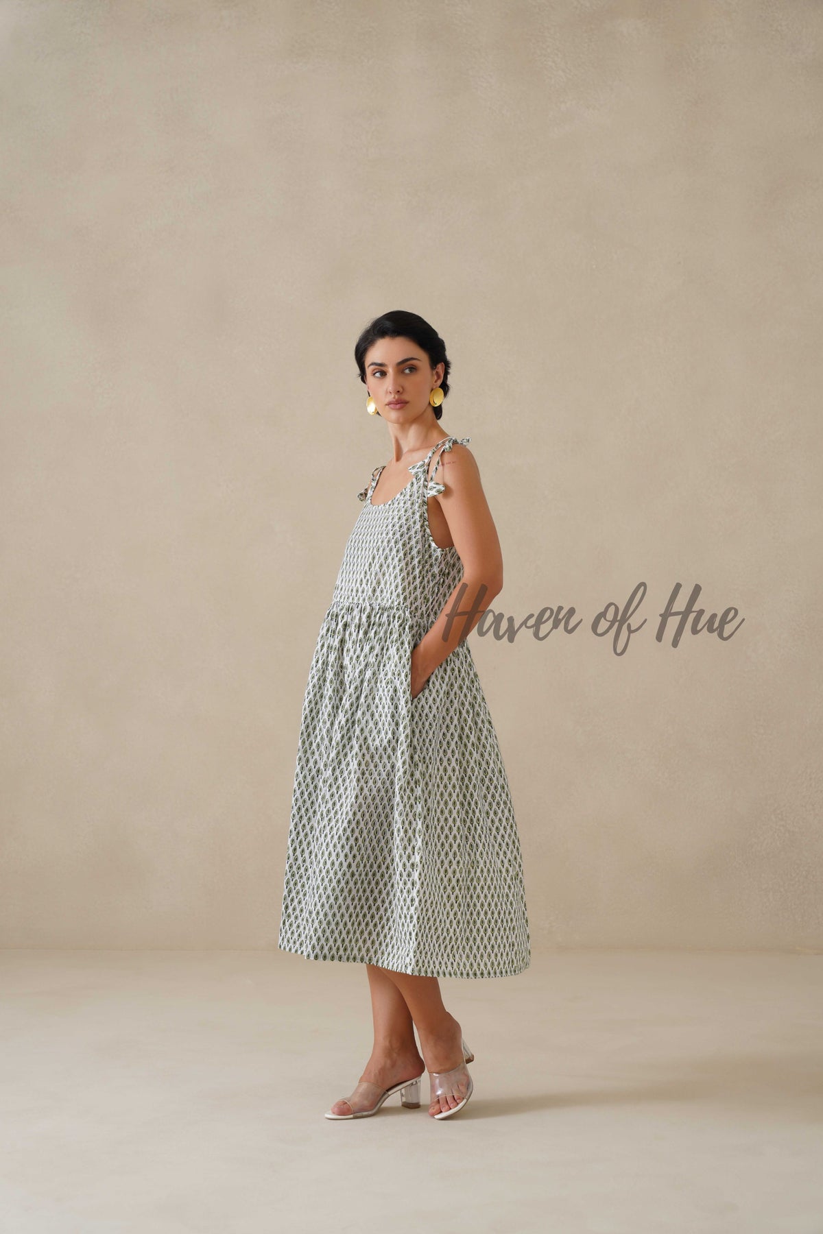 Cotton Midi Dress Summer Boho Print Sleeveless A-Line Casual Sun Dress for Women - Sage Green & White