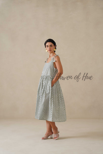 Cotton Midi Dress Summer Boho Print Sleeveless A-Line Casual Sun Dress for Women - Sage Green & White