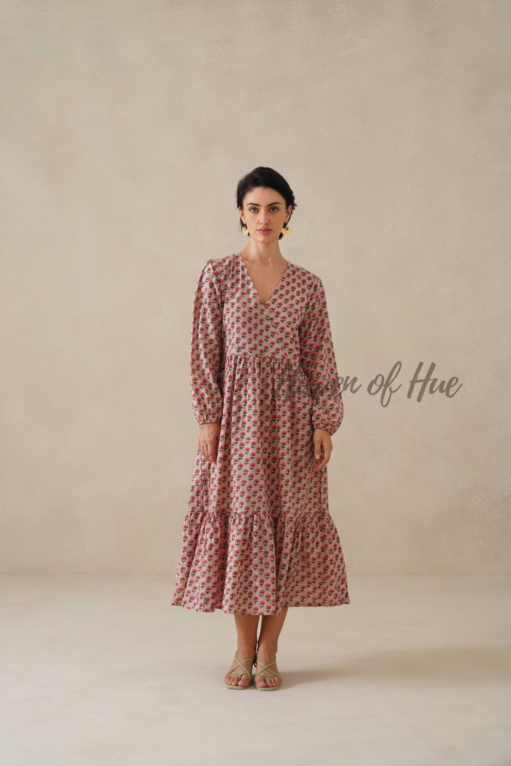 Cotton Midi Dress Summer Boho Floral Print, Dusty Rose Long Sleeve Tiered Dress