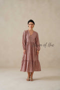 Cotton Midi Dress Summer Boho Floral Print, Dusty Rose Long Sleeve Tiered Dress