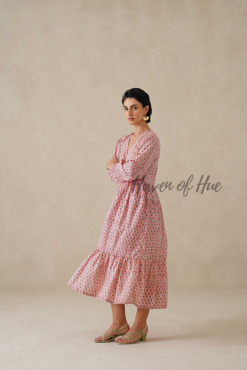 Cotton Midi Dress Summer Boho Floral Print, Blush Pink Long Sleeve Tiered Dress