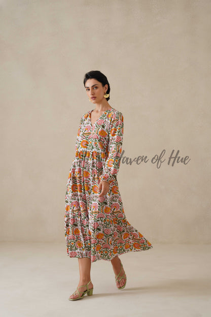Cotton Midi Dress Summer Boho Floral Print, White and Orange Block Print Sundress