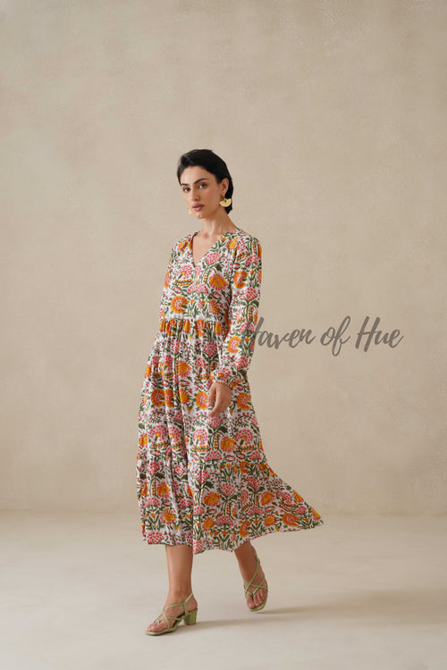Cotton Midi Dress Summer Boho Floral Print, White and Orange Block Print Sundress