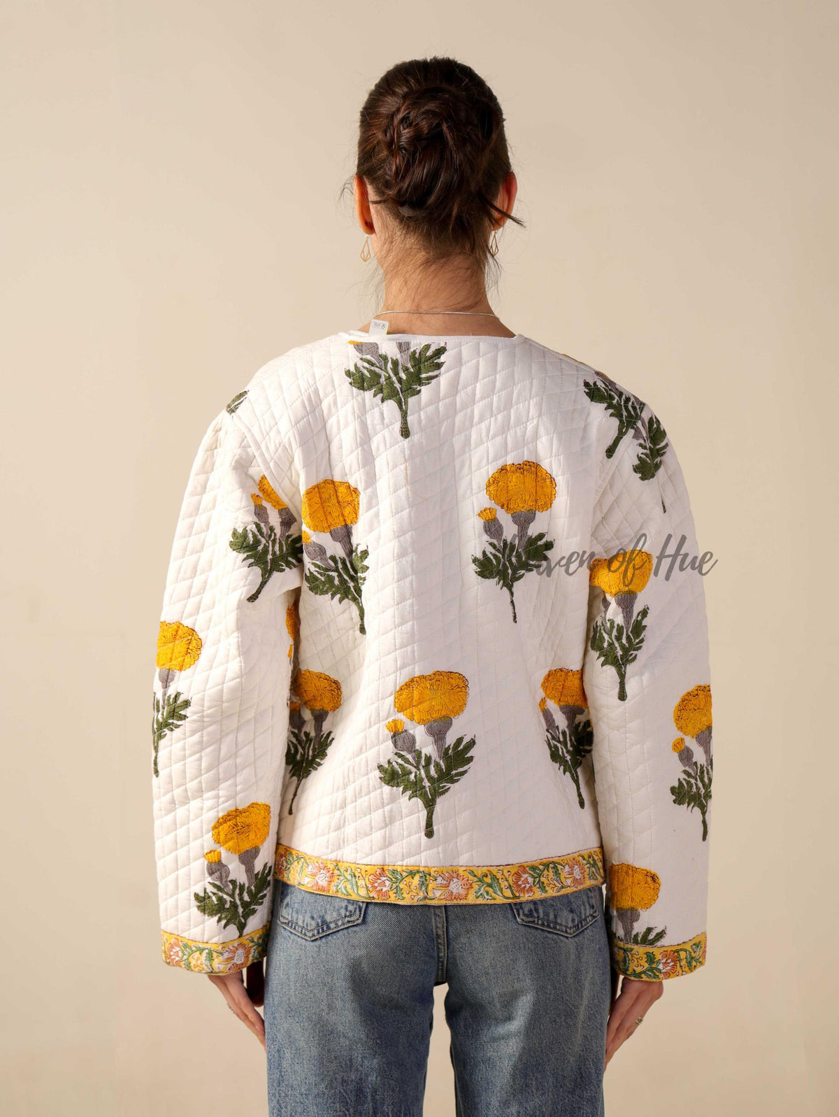 Hand Block Printed Cotton Quilted Jacket for Women Floral Boho Open Front Jacket