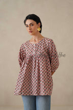Women Cotton Tunic Top - Hand Block Printed Boho Floral Blouse