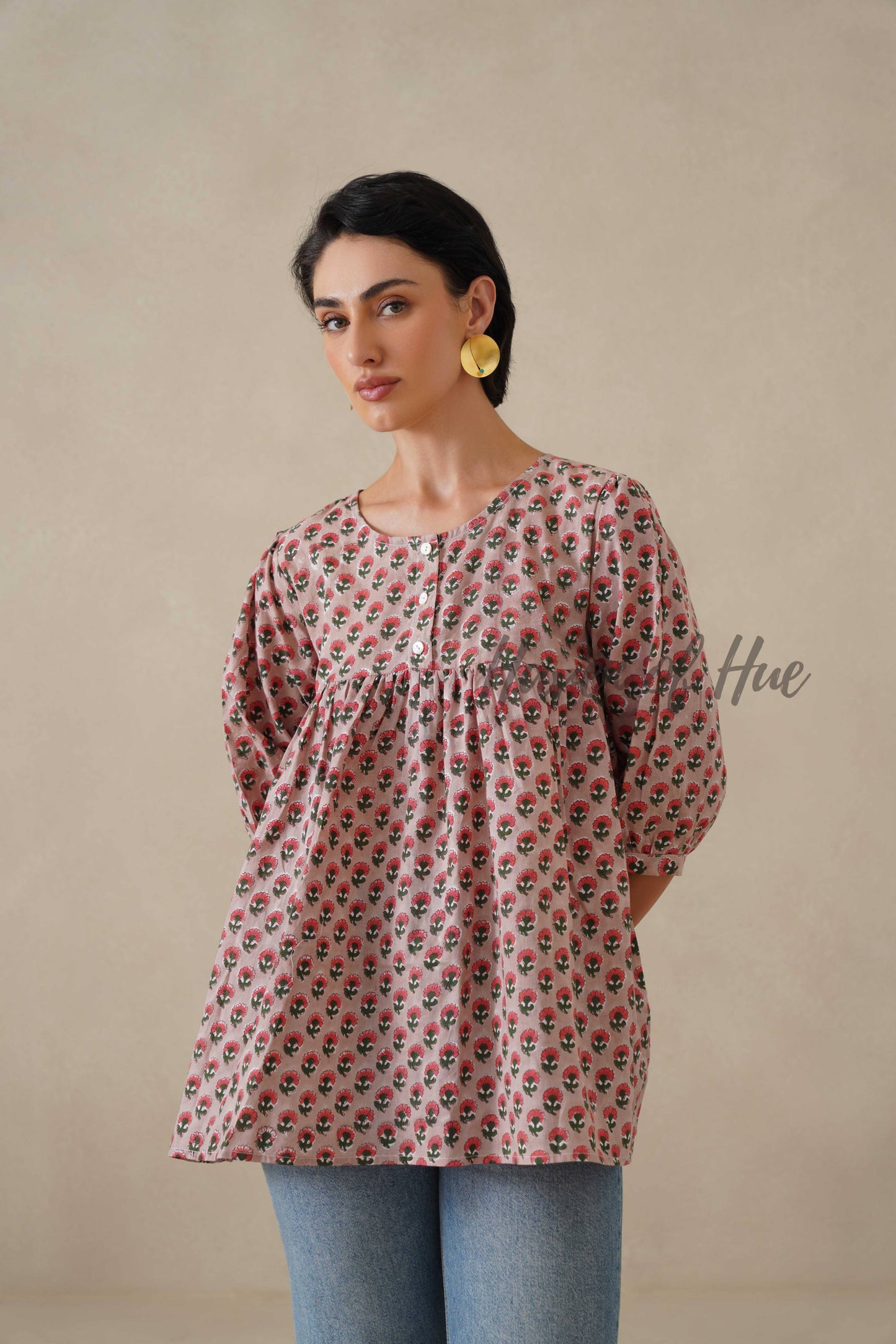 Women Cotton Tunic Top - Hand Block Printed Boho Floral Blouse