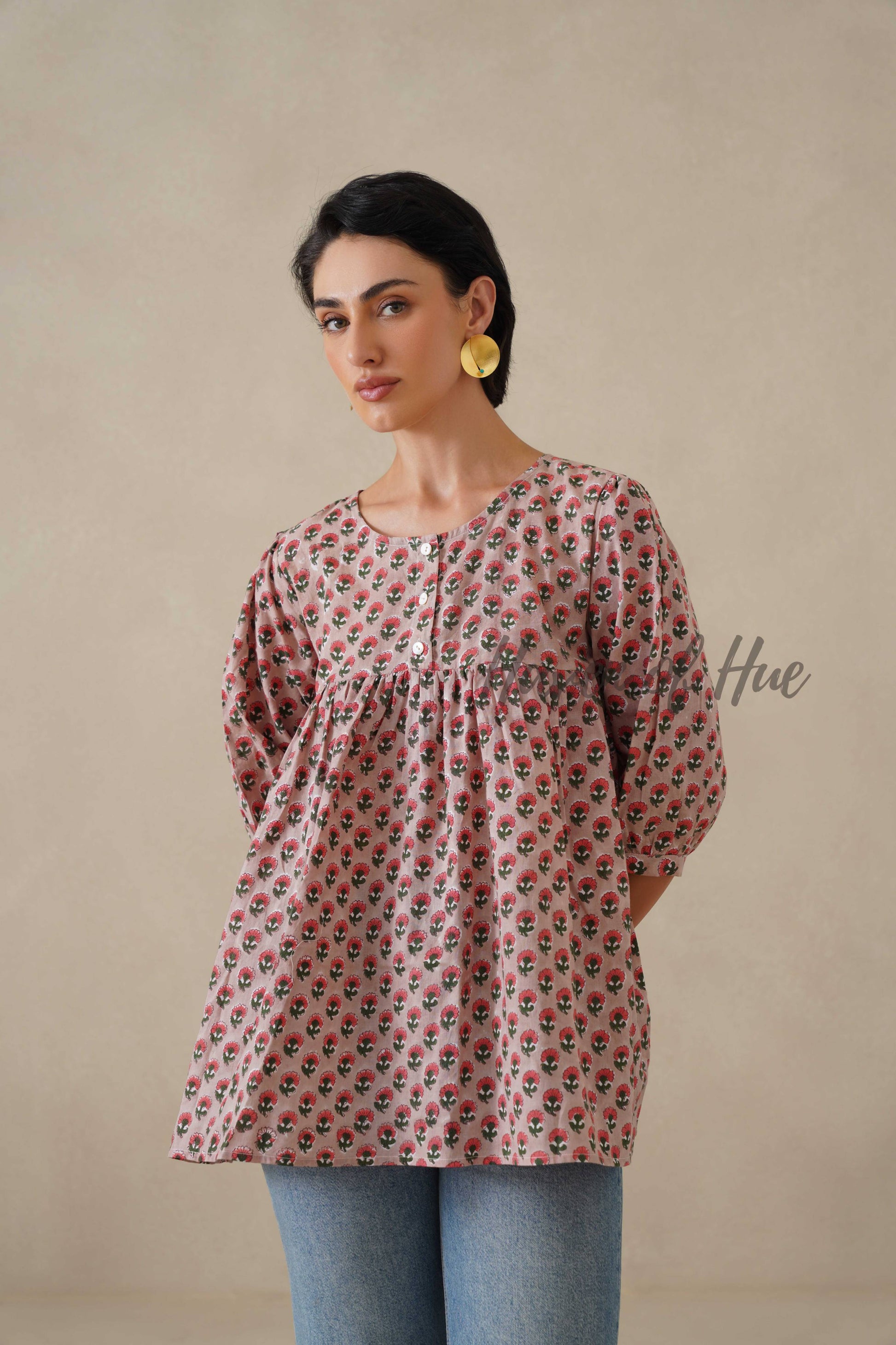 Women Cotton Tunic Top - Hand Block Printed Boho Floral Blouse