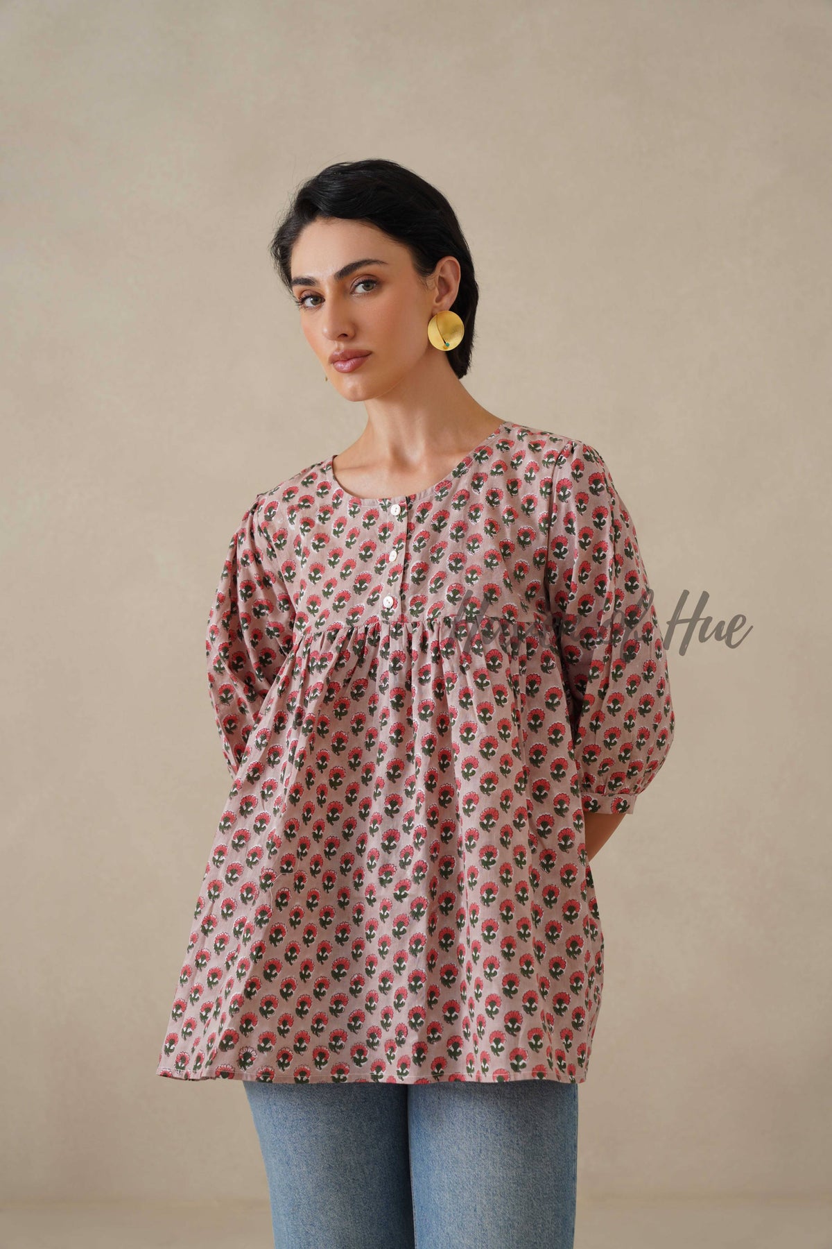 Women Cotton Tunic Top - Hand Block Printed Boho Floral Blouse