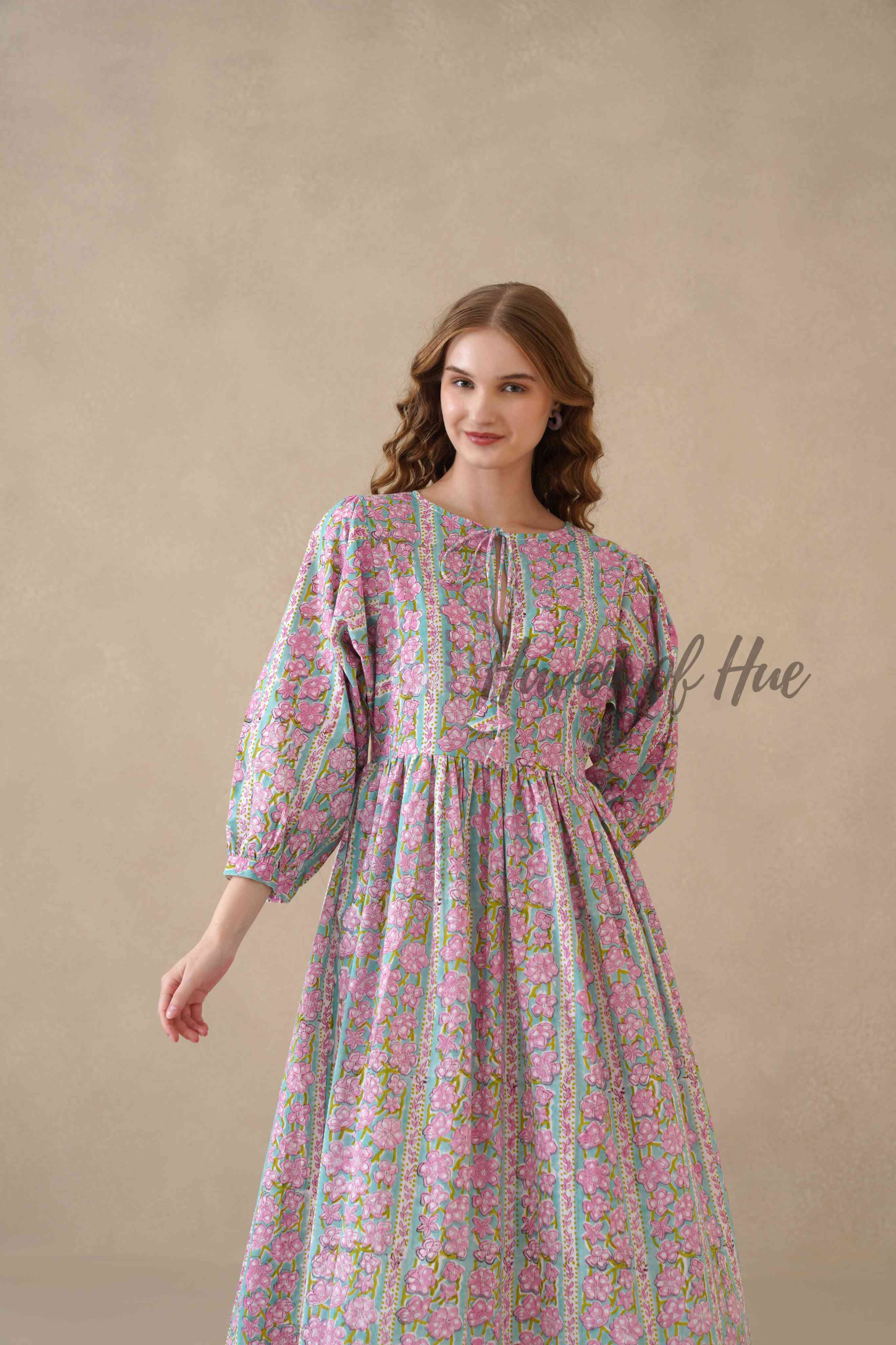 Multicolor Floral Cotton Midi Dress with Long Sleeves