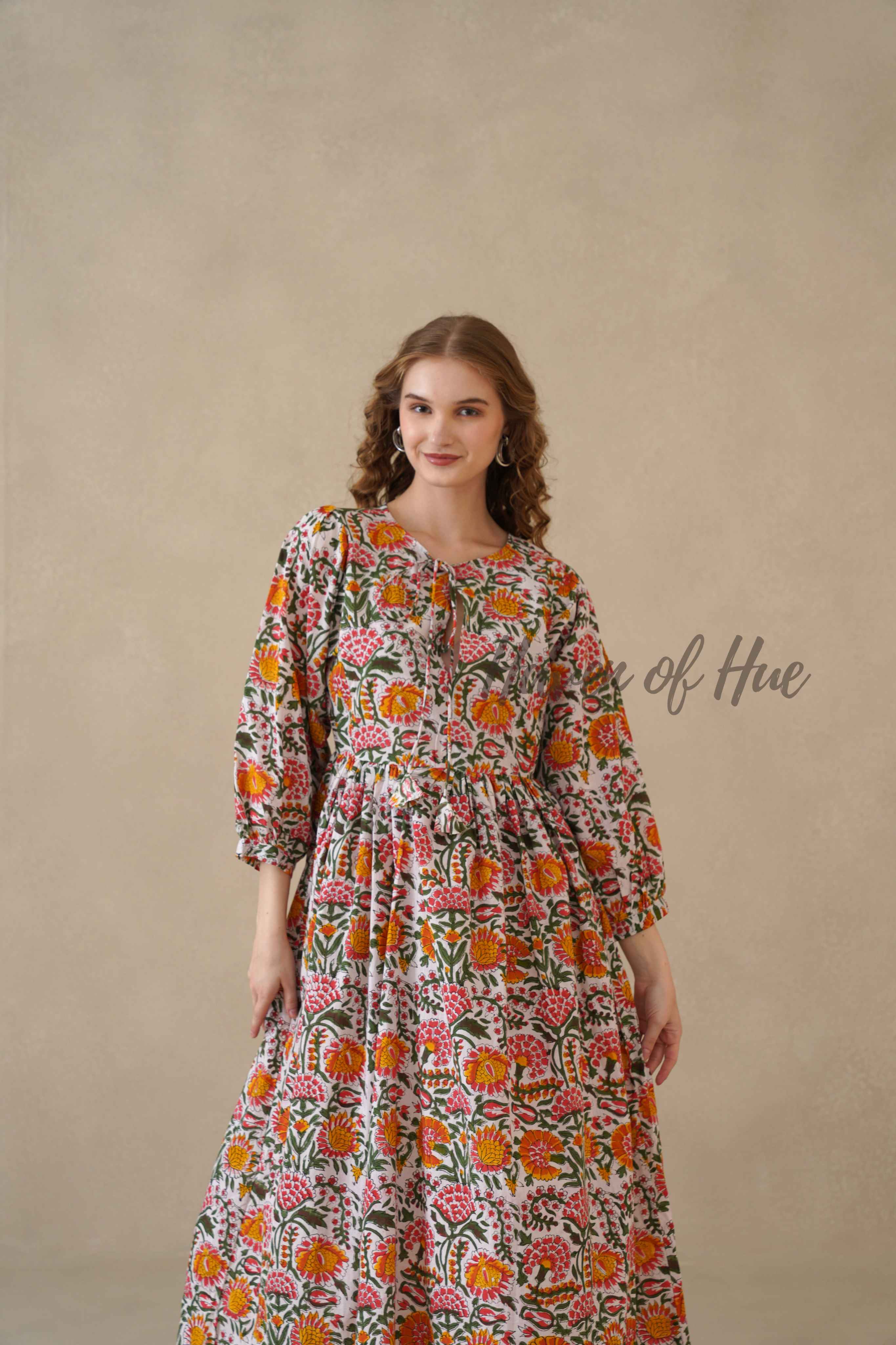 Multicolor Round Neck Cotton Dress with Full Sleeves