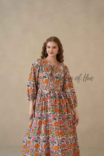 Multicolor Round Neck Cotton Dress with Full Sleeves