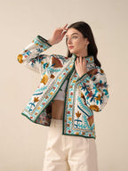 Hand Embroidered Suzani Kantha Jacket, White Quilted Cotton Women’s Jacket