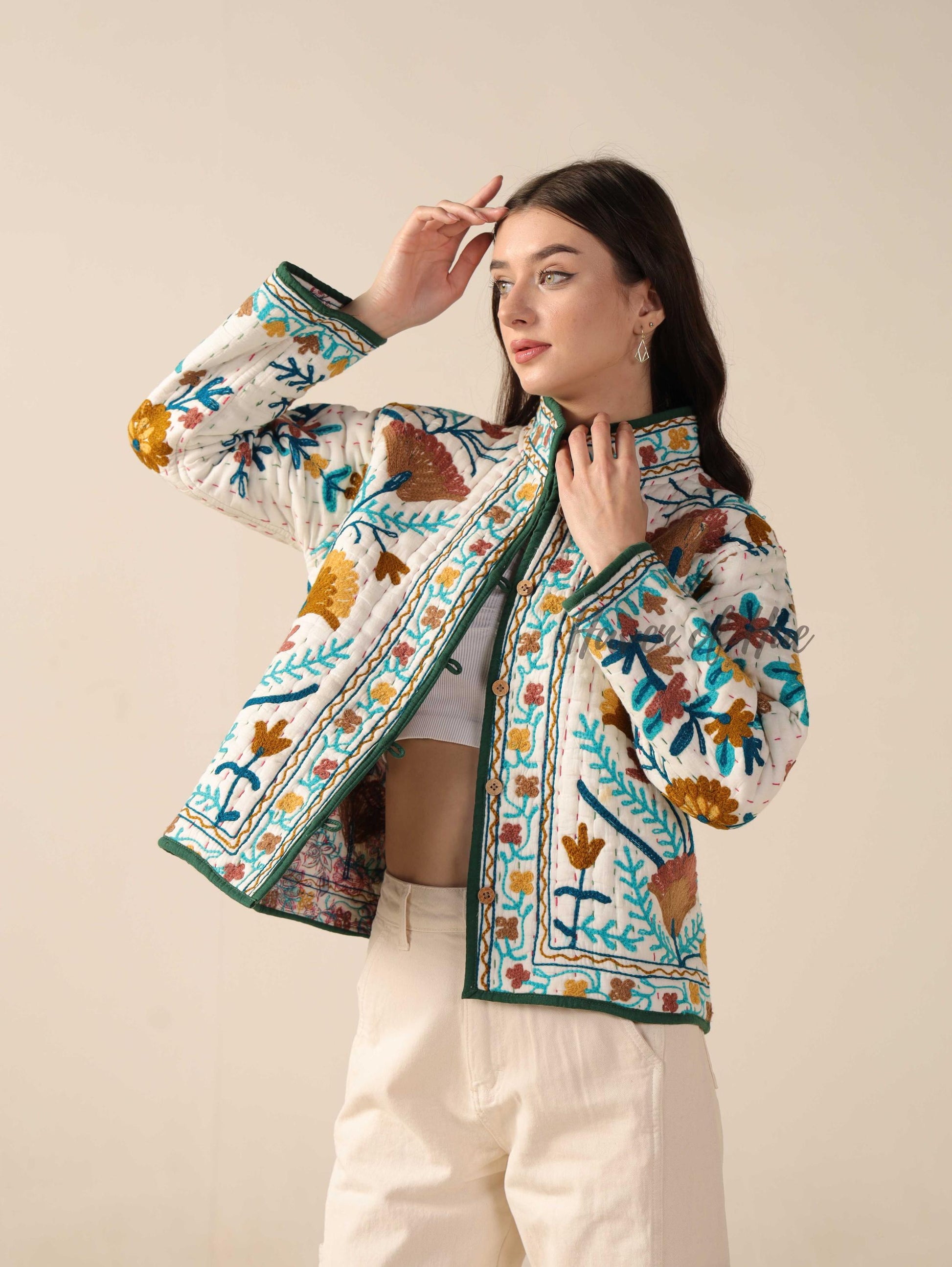 Hand Embroidered Suzani Kantha Jacket, White Quilted Cotton Women’s Jacket