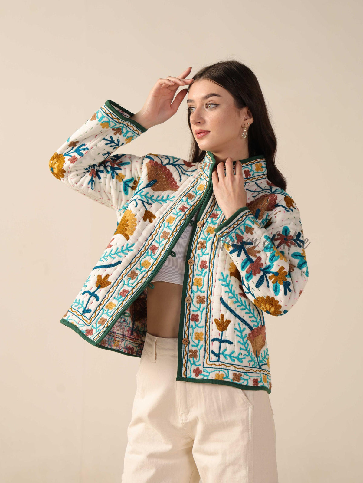 Hand Embroidered Suzani Kantha Jacket, White Quilted Cotton Women’s Jacket
