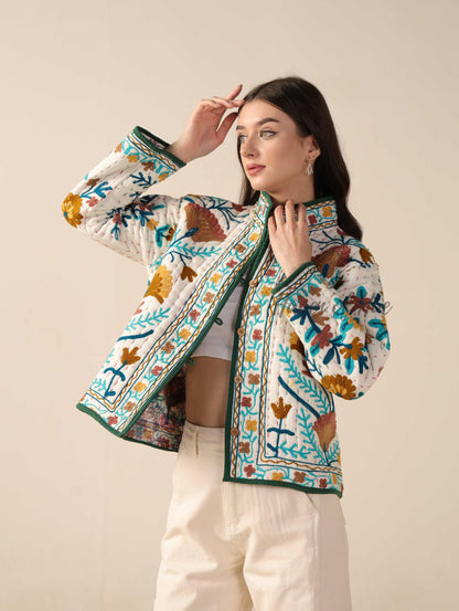 Hand Embroidered Suzani Kantha Jacket, White Quilted Cotton Women’s Jacket