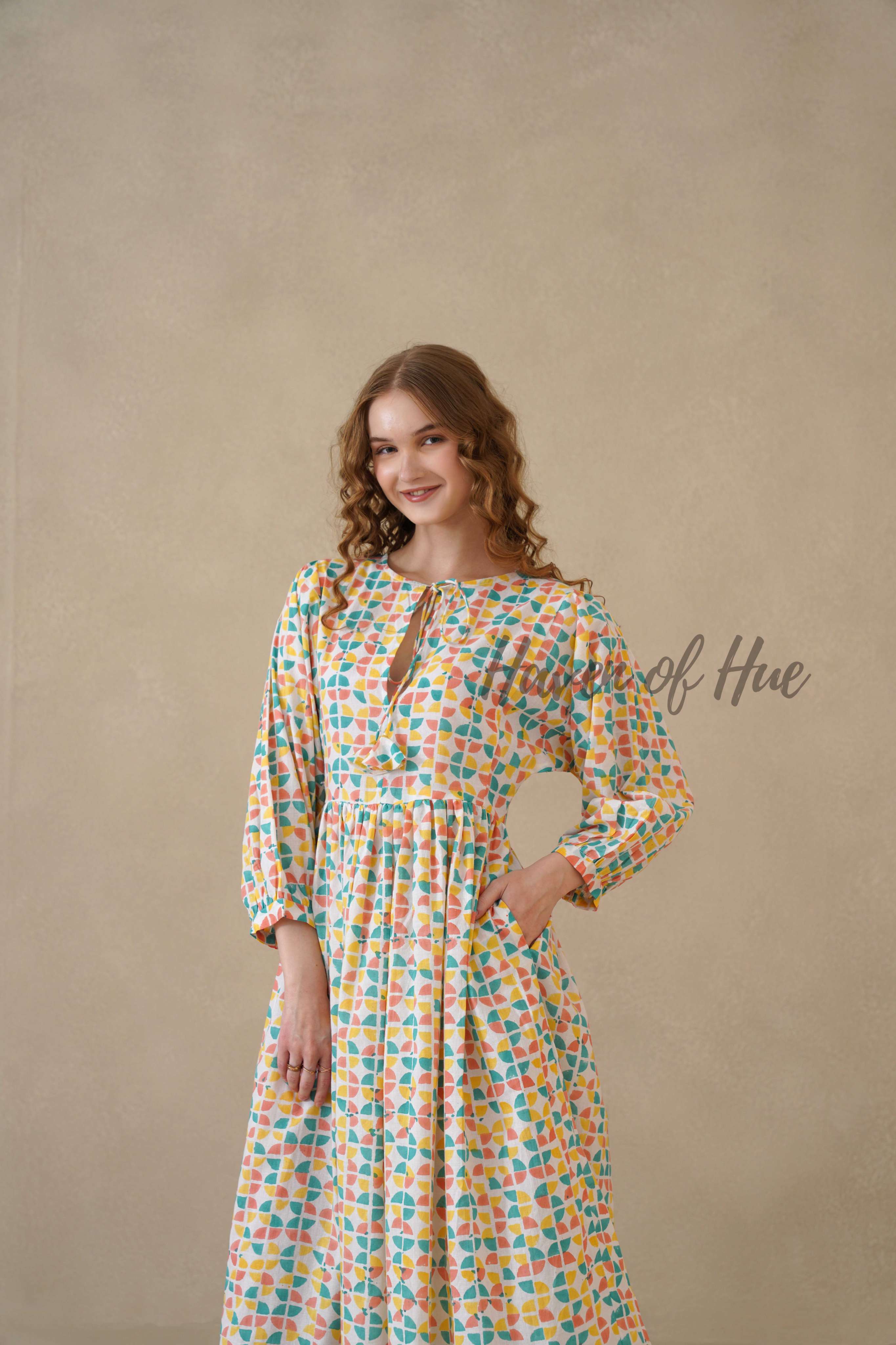 Multicolor Full Sleeve Cotton Dress with Geometric Print