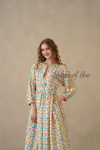 Multicolor Full Sleeve Cotton Dress with Geometric Print