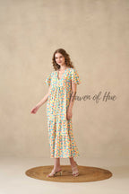 Multicolor Cotton Tiered Dress with Boho Geometric Print