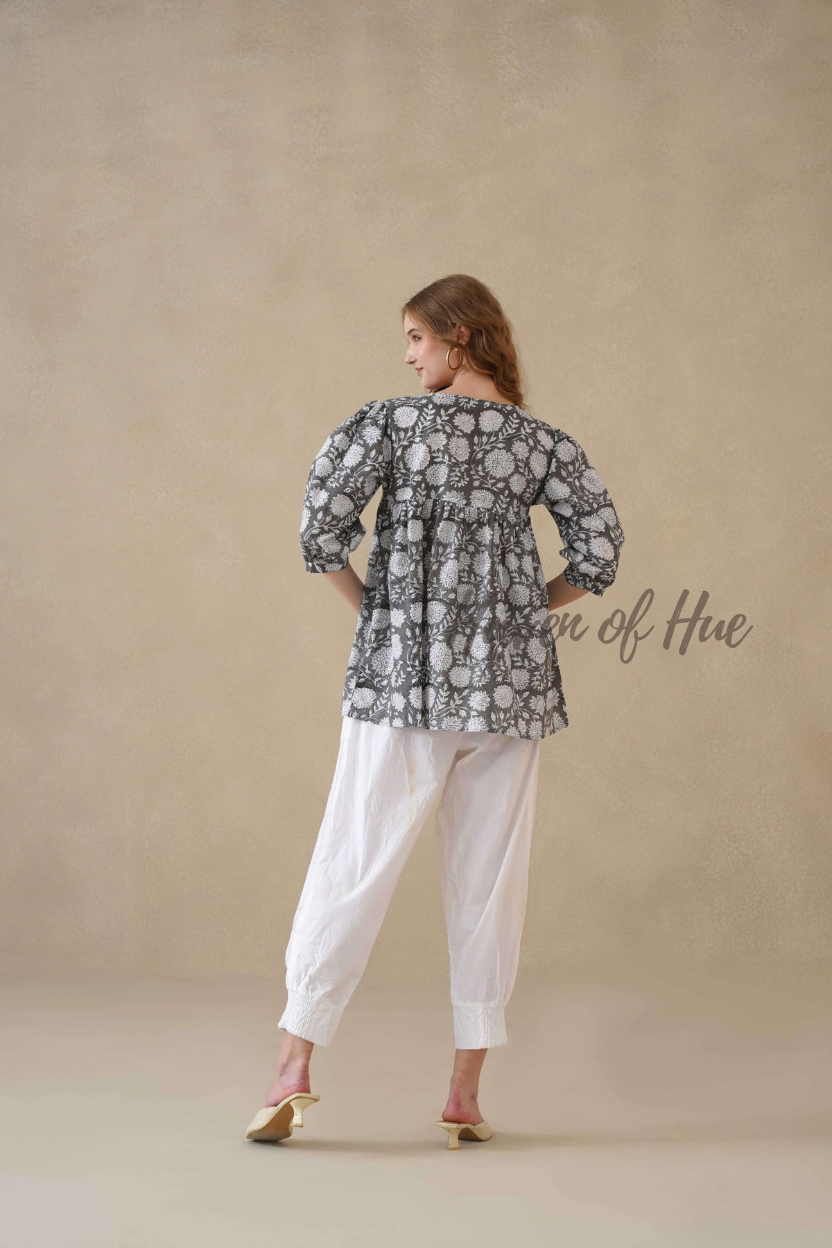 Women’s Gray Floral Hand Block Printed Cotton Boho Relaxed Top