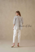 Women’s Gray Floral Hand Block Printed Cotton A-Line Boho Blouse