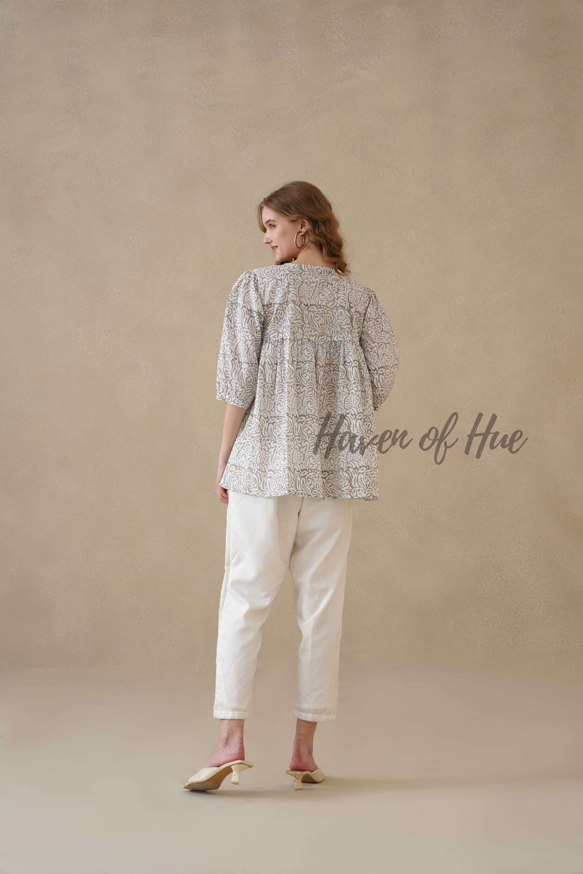 Women’s Gray Floral Hand Block Printed Cotton A-Line Boho Blouse